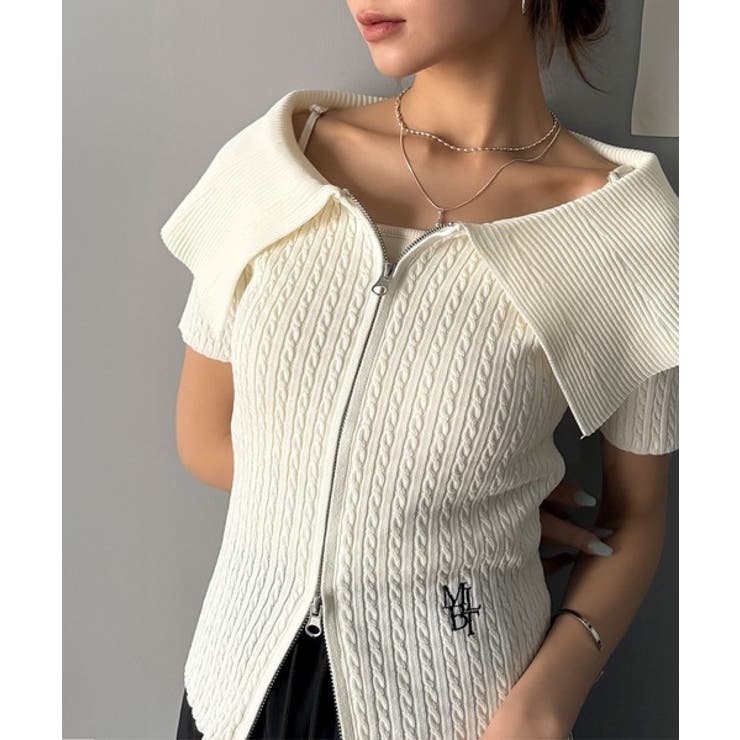 抜け感レディースタイル。ロゴ刺繍オフショル２WAYダブルジップケーブル柄サマーニ… | Classical Elf  | 詳細画像8 
