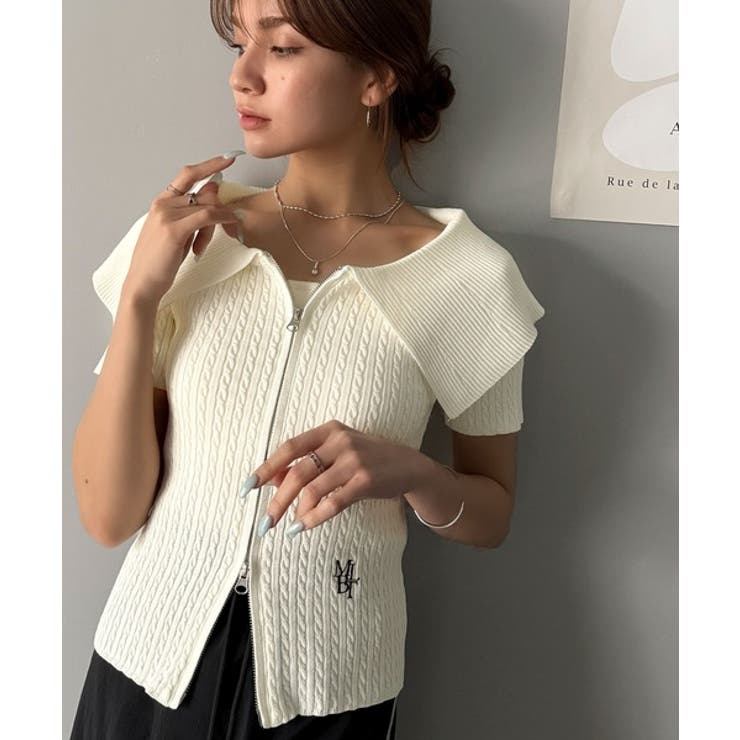 抜け感レディースタイル。ロゴ刺繍オフショル２WAYダブルジップケーブル柄サマーニ… | Classical Elf  | 詳細画像9 