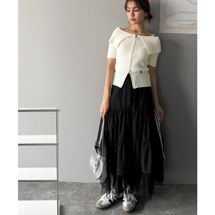 抜け感レディースタイル。ロゴ刺繍オフショル２WAYダブルジップケーブル柄サマーニ… | Classical Elf  | 詳細画像10 