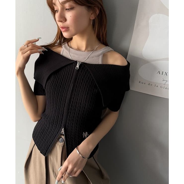 抜け感レディースタイル。ロゴ刺繍オフショル２WAYダブルジップケーブル柄サマーニ… | Classical Elf  | 詳細画像15 