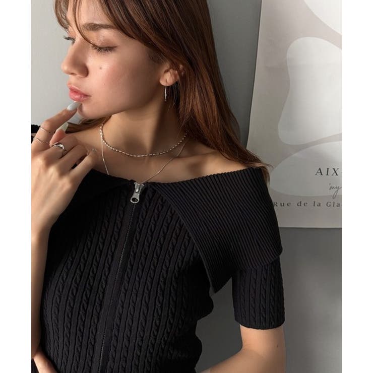 抜け感レディースタイル。ロゴ刺繍オフショル２WAYダブルジップケーブル柄サマーニ… | Classical Elf  | 詳細画像17 