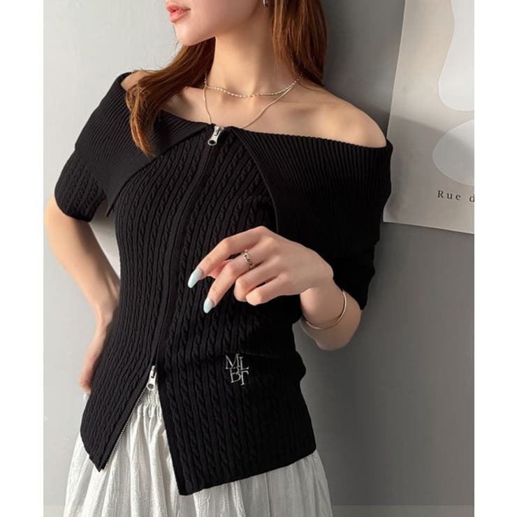 抜け感レディースタイル。ロゴ刺繍オフショル２WAYダブルジップケーブル柄サマーニ… | Classical Elf  | 詳細画像21 