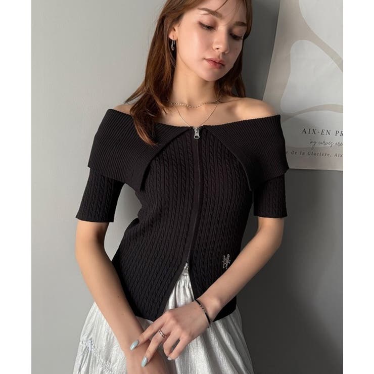 抜け感レディースタイル。ロゴ刺繍オフショル２WAYダブルジップケーブル柄サマーニ… | Classical Elf  | 詳細画像23 