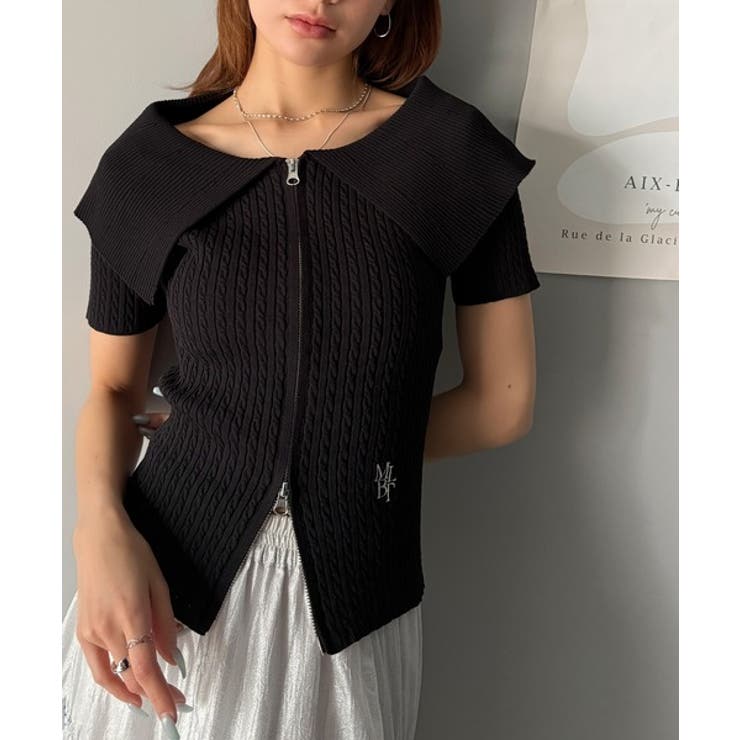 抜け感レディースタイル。ロゴ刺繍オフショル２WAYダブルジップケーブル柄サマーニ… | Classical Elf  | 詳細画像24 