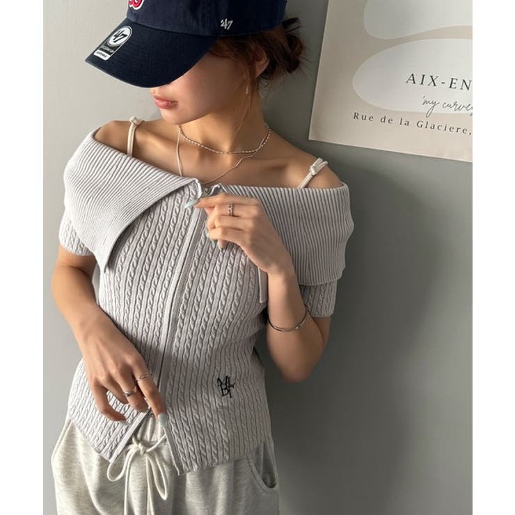 抜け感レディースタイル。ロゴ刺繍オフショル２WAYダブルジップケーブル柄サマーニ… | Classical Elf  | 詳細画像26 