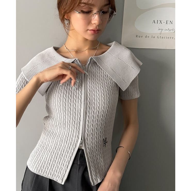 ライトグレー | 抜け感レディースタイル。ロゴ刺繍オフショル２WAYダブルジップケーブル柄サマーニ… | Classical Elf 