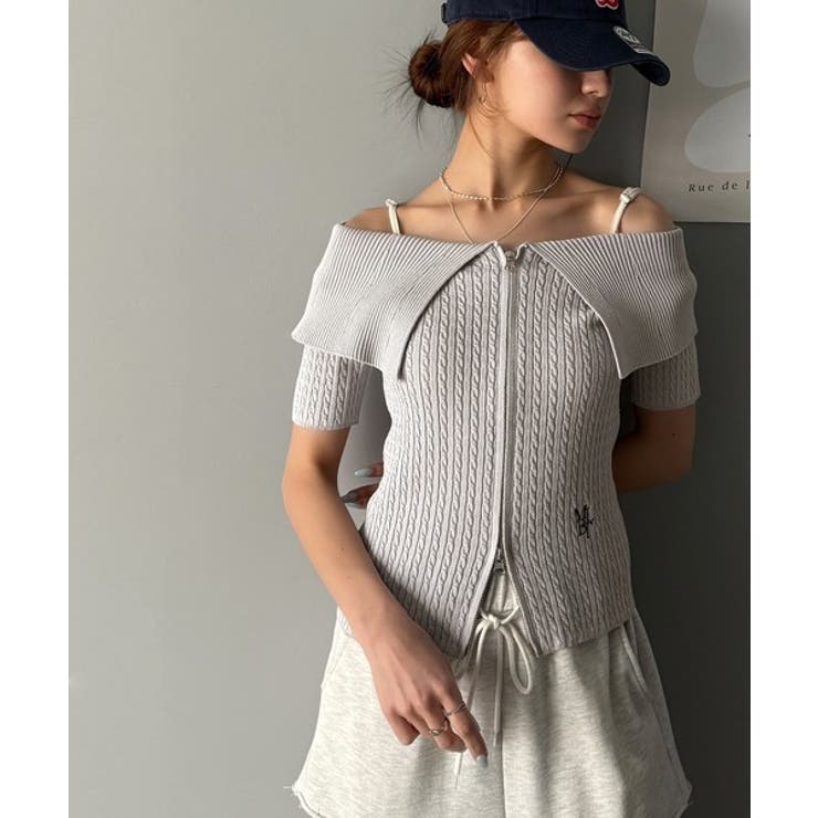 抜け感レディースタイル。ロゴ刺繍オフショル２WAYダブルジップケーブル柄サマーニ… | Classical Elf  | 詳細画像27 