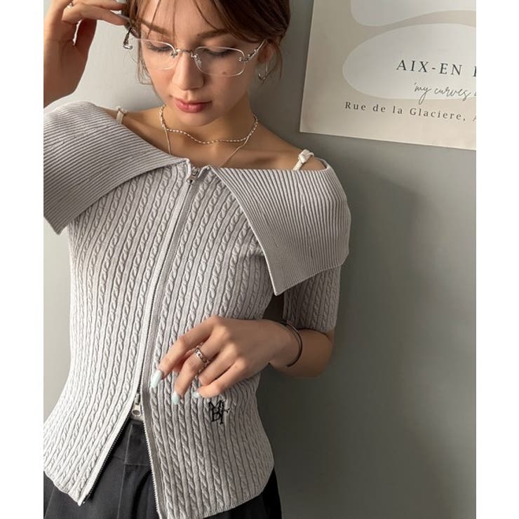 抜け感レディースタイル。ロゴ刺繍オフショル２WAYダブルジップケーブル柄サマーニ… | Classical Elf  | 詳細画像31 
