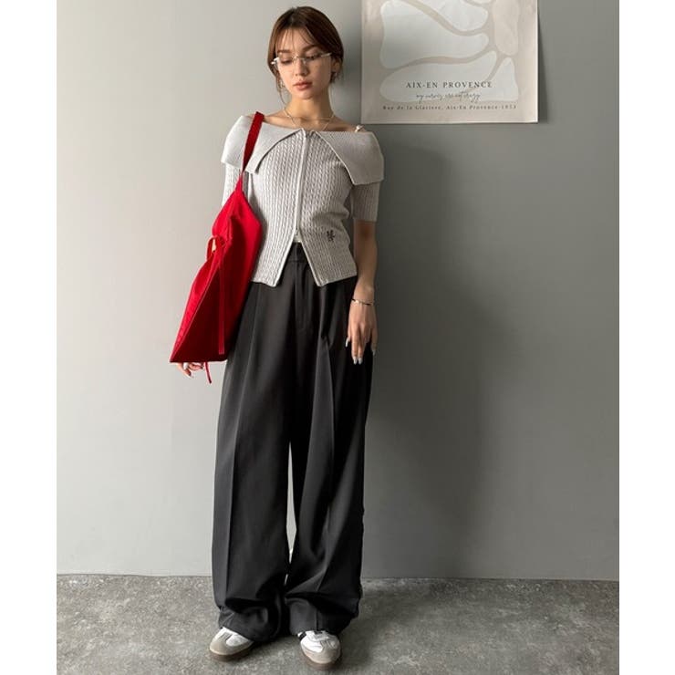 抜け感レディースタイル。ロゴ刺繍オフショル２WAYダブルジップケーブル柄サマーニ… | Classical Elf  | 詳細画像32 