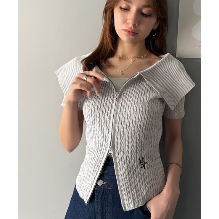 抜け感レディースタイル。ロゴ刺繍オフショル２WAYダブルジップケーブル柄サマーニ… | Classical Elf  | 詳細画像33 