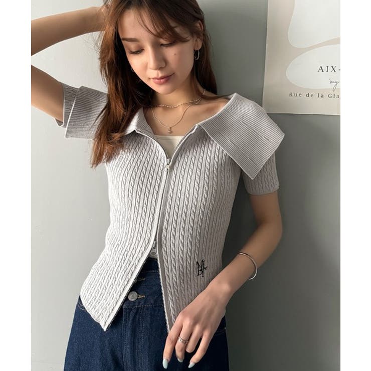 抜け感レディースタイル。ロゴ刺繍オフショル２WAYダブルジップケーブル柄サマーニ… | Classical Elf  | 詳細画像34 