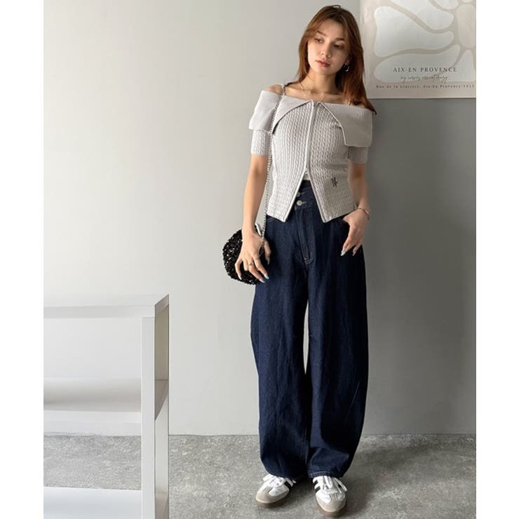 抜け感レディースタイル。ロゴ刺繍オフショル２WAYダブルジップケーブル柄サマーニ… | Classical Elf  | 詳細画像35 