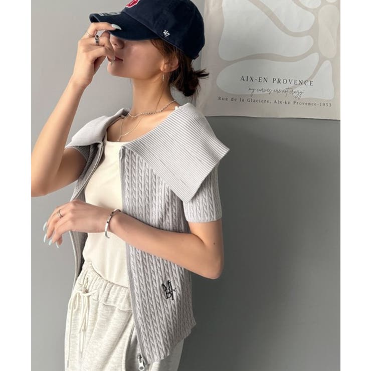 抜け感レディースタイル。ロゴ刺繍オフショル２WAYダブルジップケーブル柄サマーニ… | Classical Elf  | 詳細画像36 