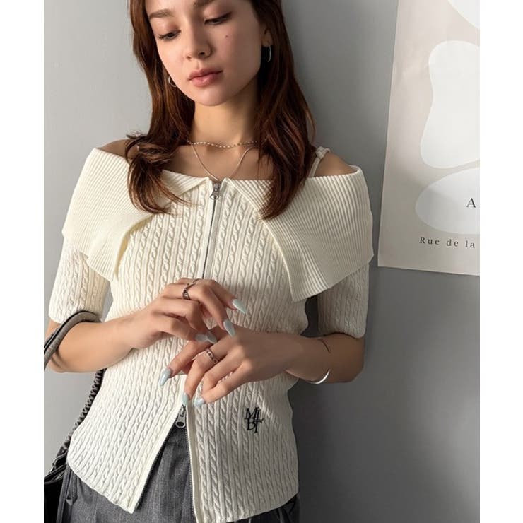 抜け感レディースタイル。ロゴ刺繍オフショル２WAYダブルジップケーブル柄サマーニ… | Classical Elf  | 詳細画像1 