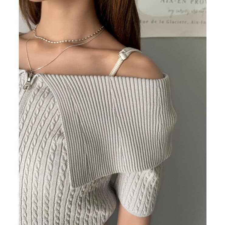 抜け感レディースタイル。ロゴ刺繍オフショル２WAYダブルジップケーブル柄サマーニ… | Classical Elf  | 詳細画像38 