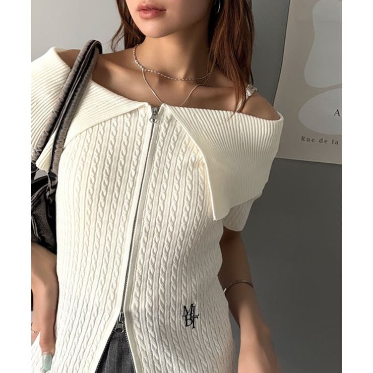 抜け感レディースタイル。ロゴ刺繍オフショル２WAYダブルジップケーブル柄サマーニ… | Classical Elf  | 詳細画像2 