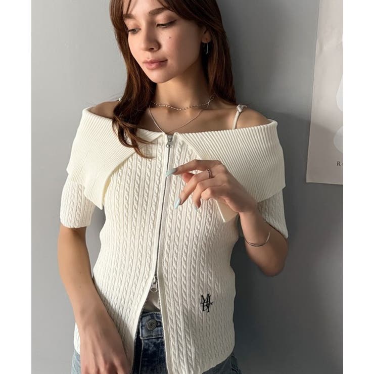 抜け感レディースタイル。ロゴ刺繍オフショル２WAYダブルジップケーブル柄サマーニ… | Classical Elf  | 詳細画像4 