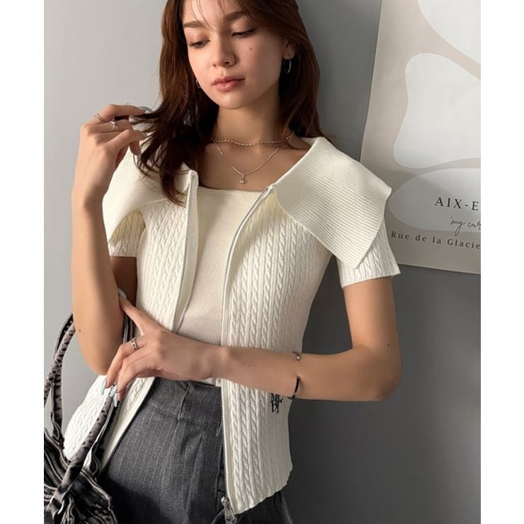 抜け感レディースタイル。ロゴ刺繍オフショル２WAYダブルジップケーブル柄サマーニ… | Classical Elf  | 詳細画像5 