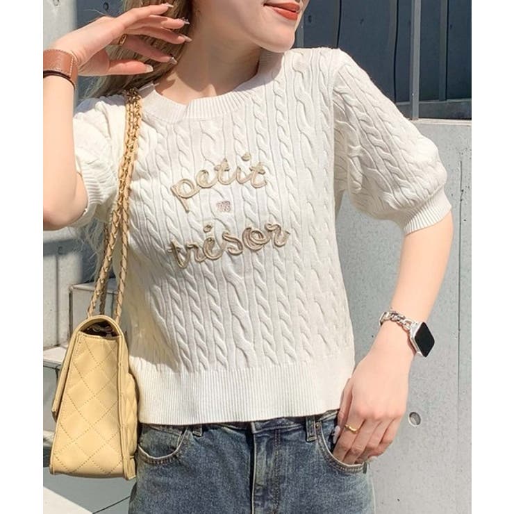 mily bilet】上品フェミニン。コード刺繍ケーブル柄サマーニット[品番