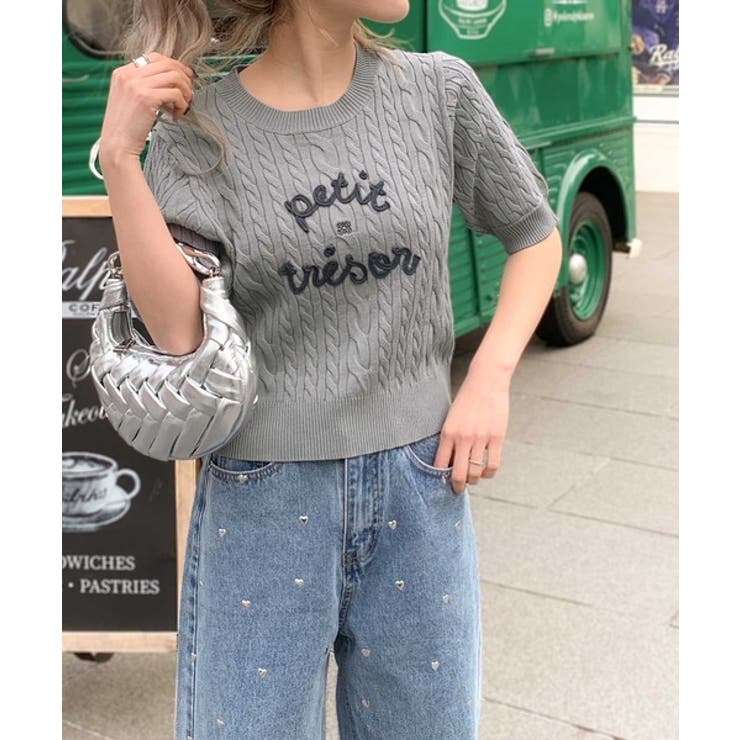 mily bilet】上品フェミニン。コード刺繍ケーブル柄サマーニット[品番