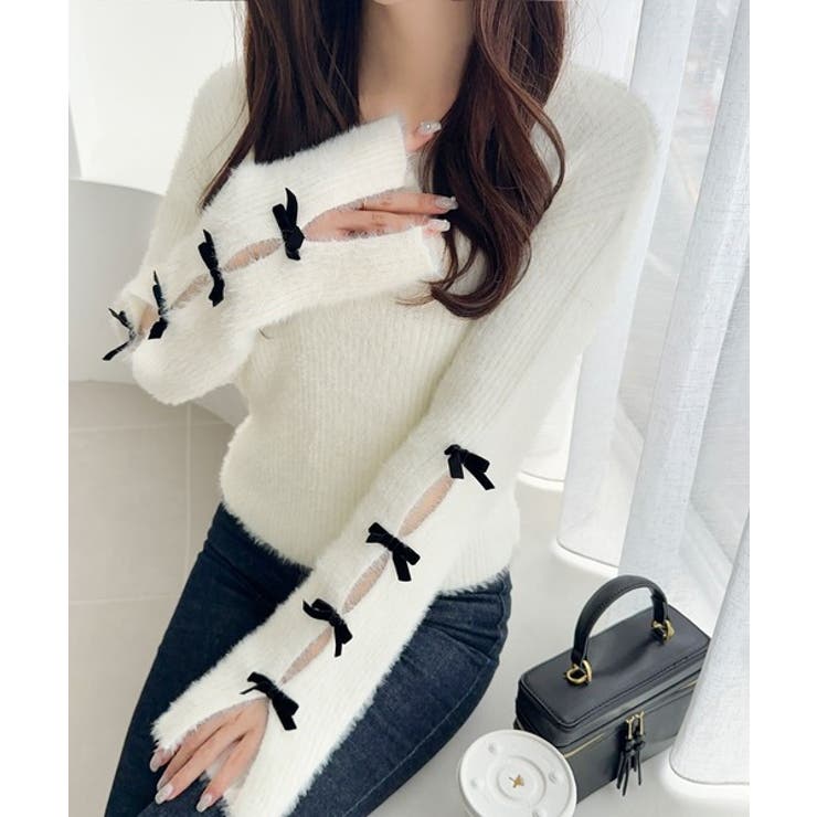 アイボリー | 【mily bilet】袖リボン使いフェザーシャギーリブニット | Classical Elf 