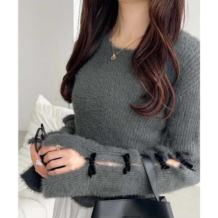 チャコールグレー | 【mily bilet】袖リボン使いフェザーシャギーリブニット | Classical Elf 