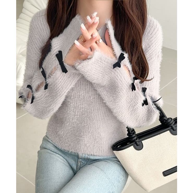 ピンク | 【mily bilet】袖リボン使いフェザーシャギーリブニット | Classical Elf 