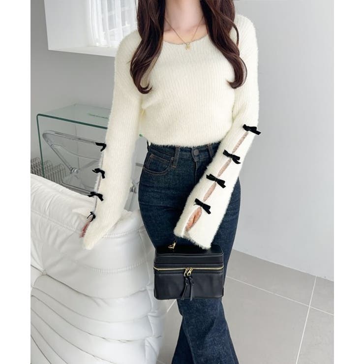 【mily bilet】袖リボン使いフェザーシャギーリブニット | Classical Elf  | 詳細画像2 