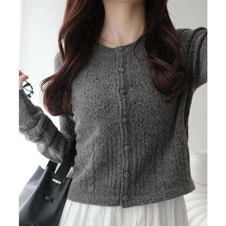 チャコールグレー | 【mily bilet】アイレット柄くるみボタンニットカーディガン | Classical Elf 