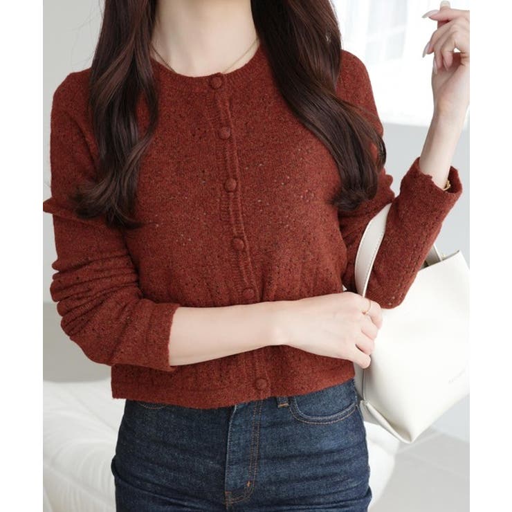 レッド | 【mily bilet】アイレット柄くるみボタンニットカーディガン | Classical Elf 