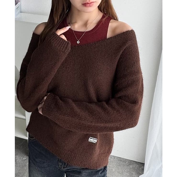 ブラウン | 【mily bilet】洗練されたレイヤードスタイル！プレート使い異素材ニットレ… | Classical Elf 