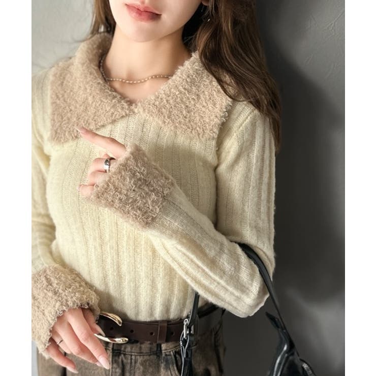 アイボリー | 【mily bilet】可愛さ、ふわり2倍増し◎配色ファー衿リブニットプルオーバ… | Classical Elf 