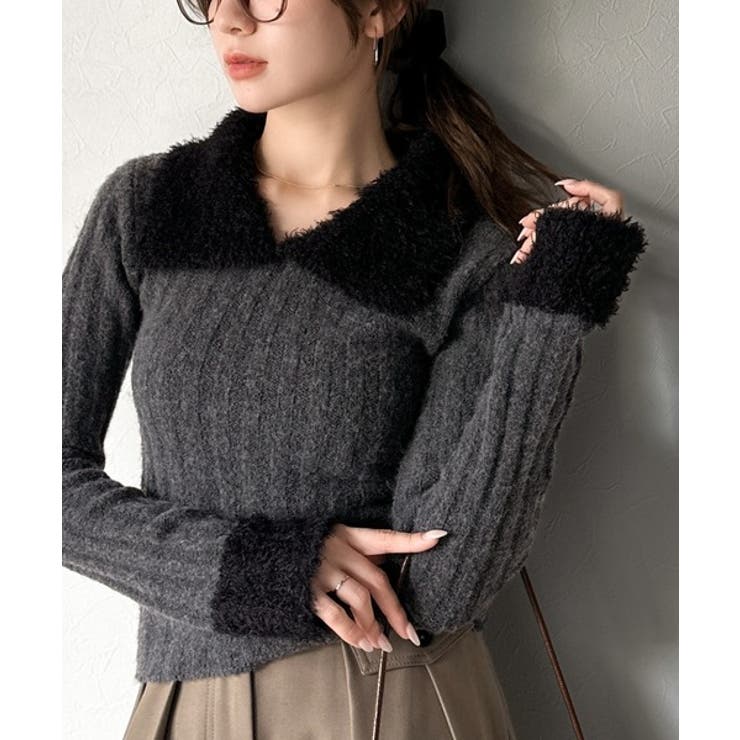 チャコールグレー | 【mily bilet】可愛さ、ふわり2倍増し◎配色ファー衿リブニットプルオーバ… | Classical Elf 