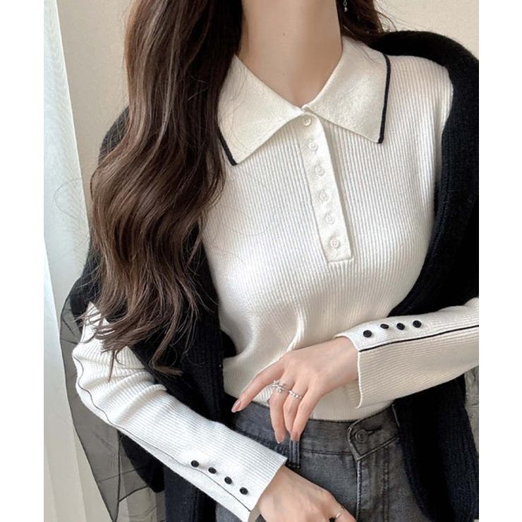 【mily bilet】配色ラインがポイント♪上品なポロ襟リブニット | Classical Elf  | 詳細画像7 