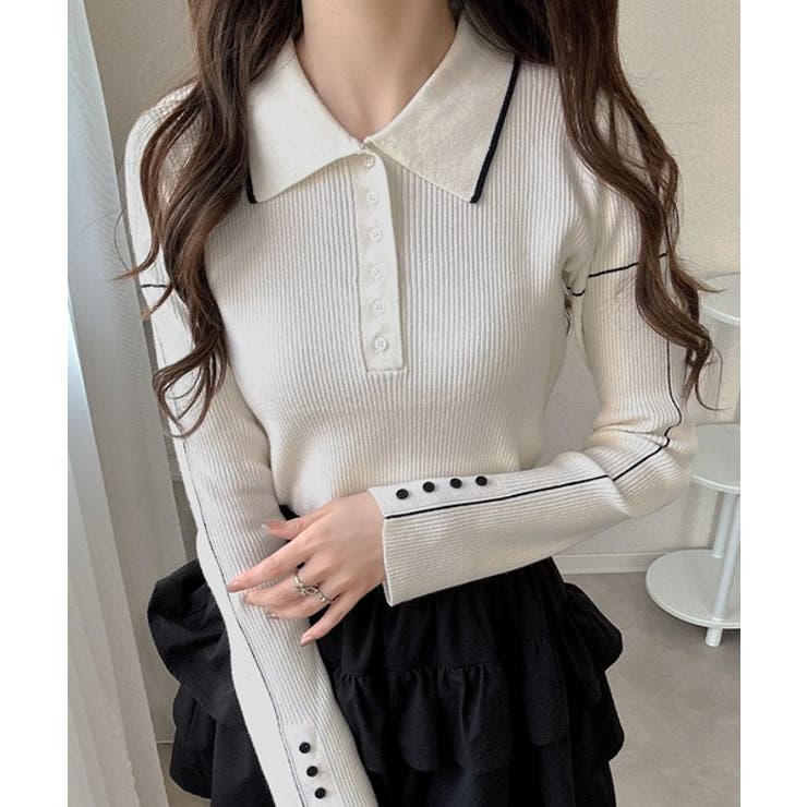 【mily bilet】配色ラインがポイント♪上品なポロ襟リブニット | Classical Elf  | 詳細画像10 