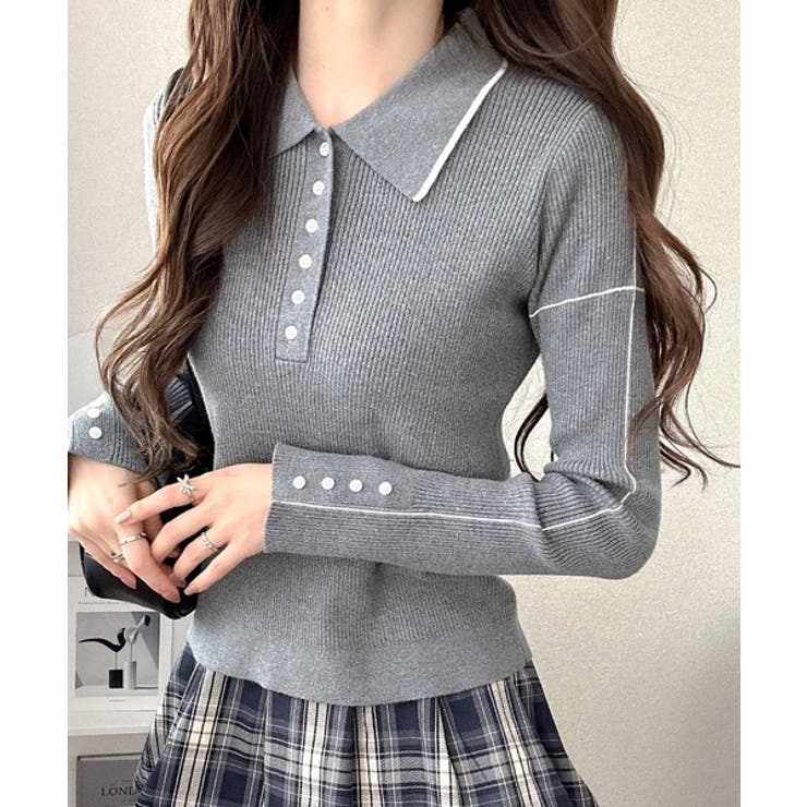 【mily bilet】配色ラインがポイント♪上品なポロ襟リブニット | Classical Elf  | 詳細画像11 