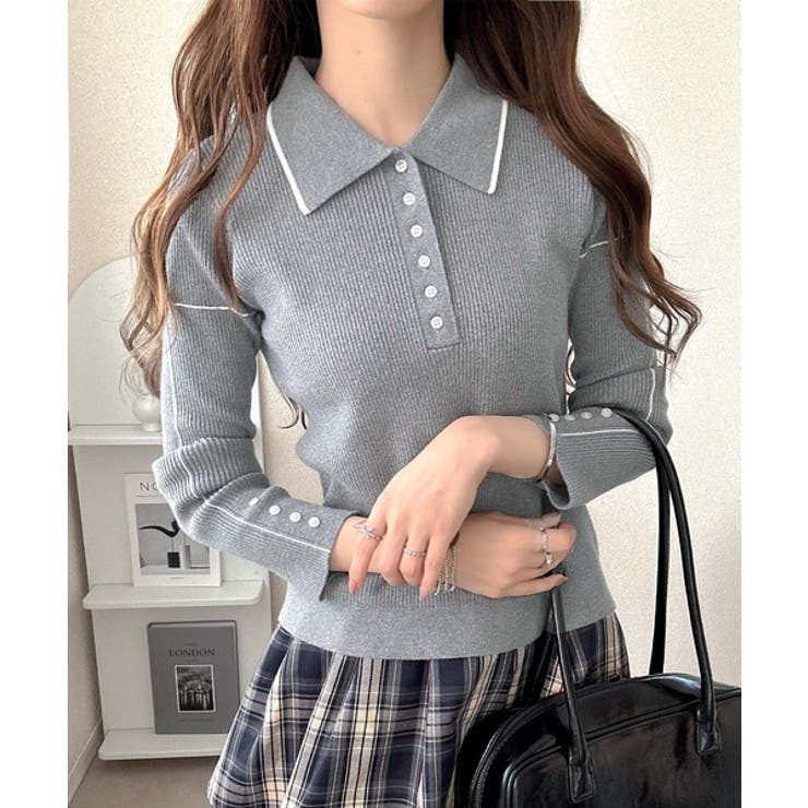 【mily bilet】配色ラインがポイント♪上品なポロ襟リブニット | Classical Elf  | 詳細画像13 