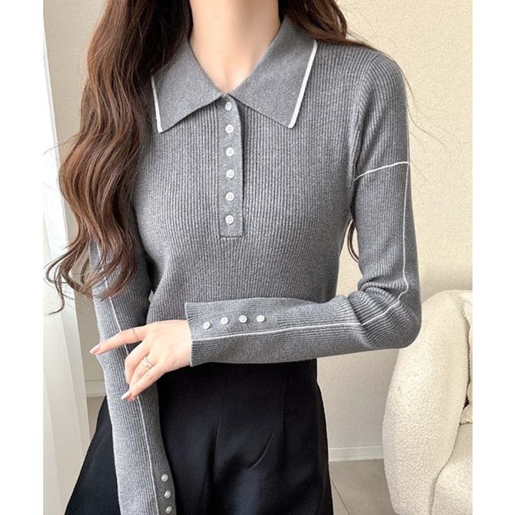 グレー | 【mily bilet】配色ラインがポイント♪上品なポロ襟リブニット | Classical Elf 