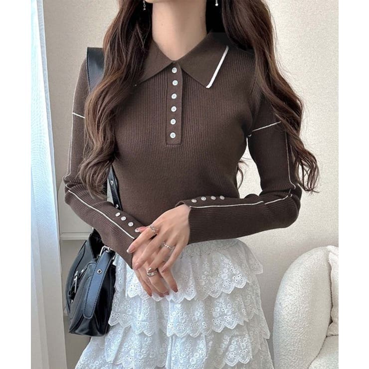 【mily bilet】配色ラインがポイント♪上品なポロ襟リブニット | Classical Elf  | 詳細画像24 