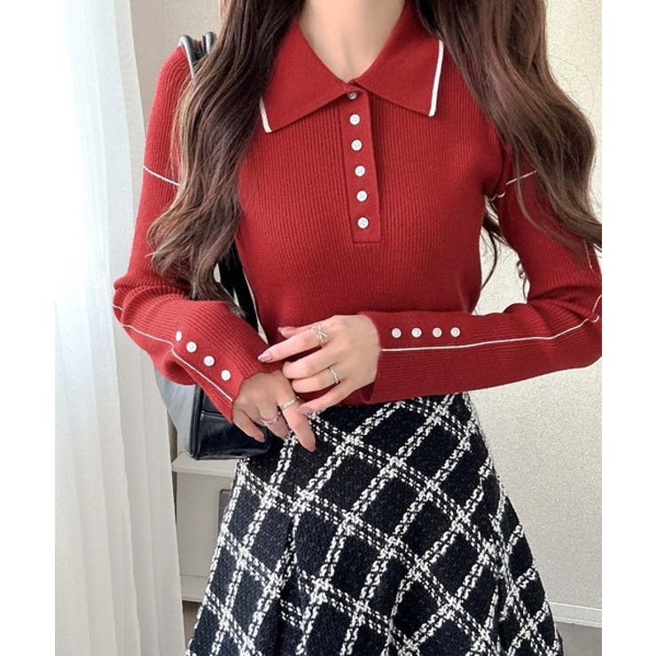 【mily bilet】配色ラインがポイント♪上品なポロ襟リブニット | Classical Elf  | 詳細画像29 