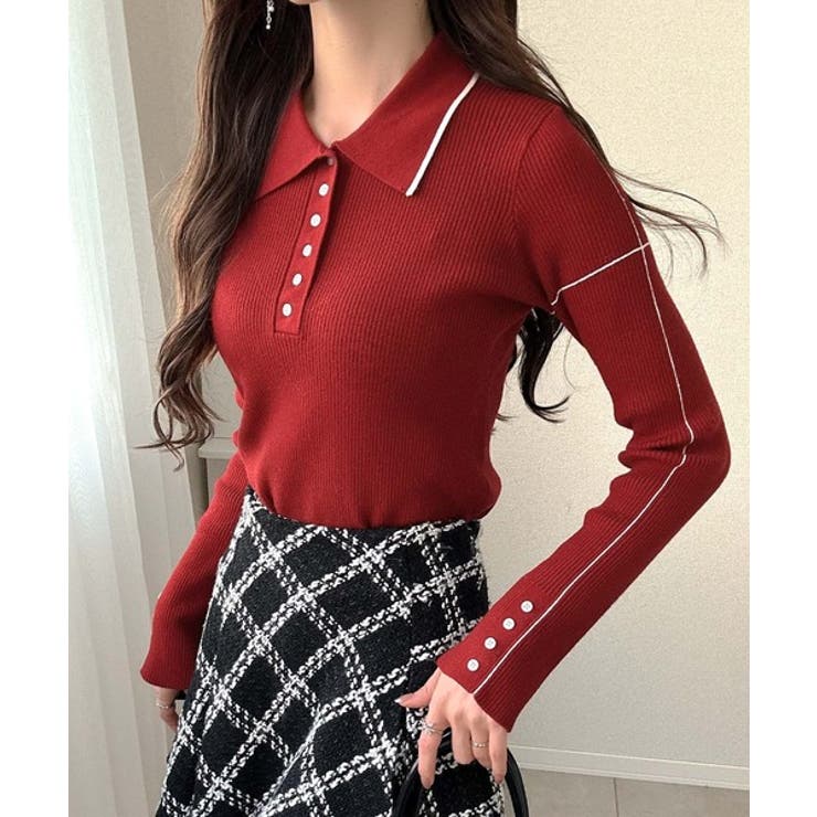 【mily bilet】配色ラインがポイント♪上品なポロ襟リブニット | Classical Elf  | 詳細画像31 