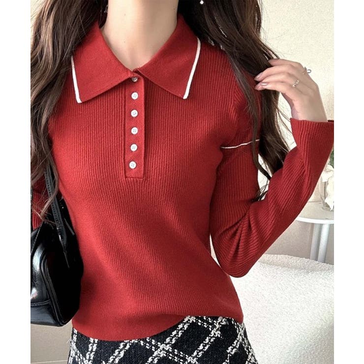 【mily bilet】配色ラインがポイント♪上品なポロ襟リブニット | Classical Elf  | 詳細画像36 