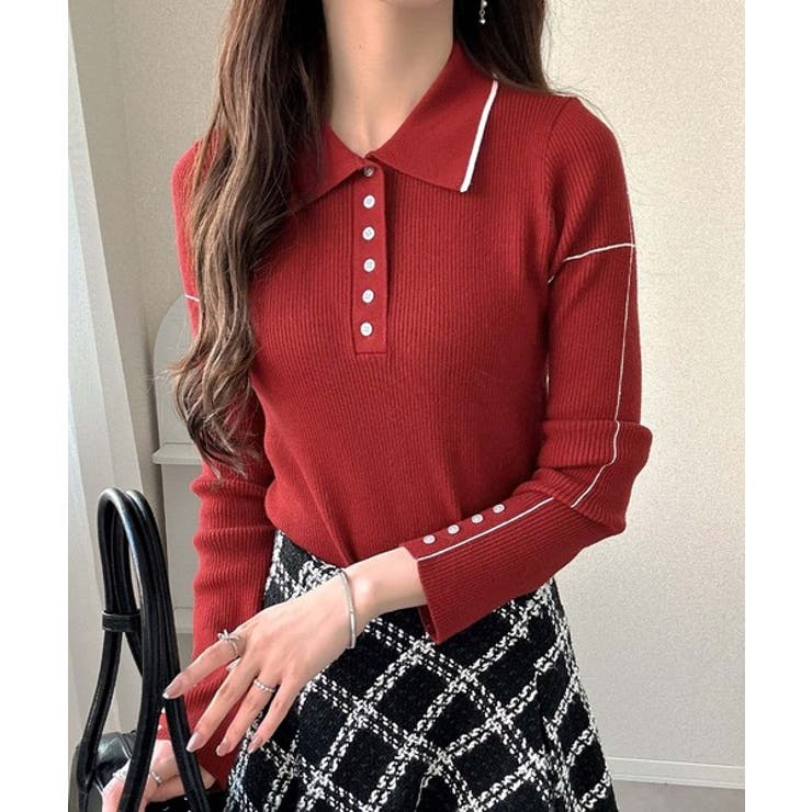 【mily bilet】配色ラインがポイント♪上品なポロ襟リブニット | Classical Elf  | 詳細画像37 