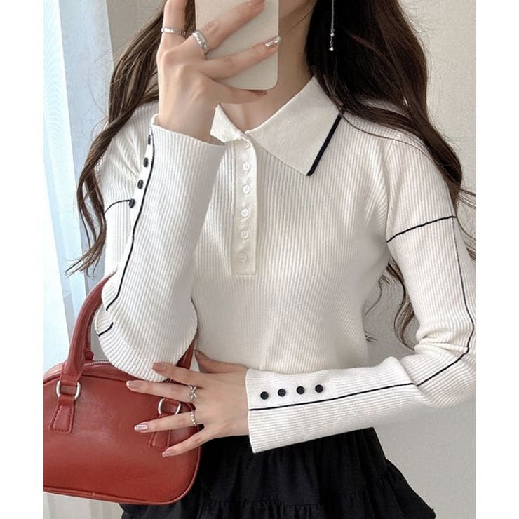 【mily bilet】配色ラインがポイント♪上品なポロ襟リブニット | Classical Elf  | 詳細画像5 