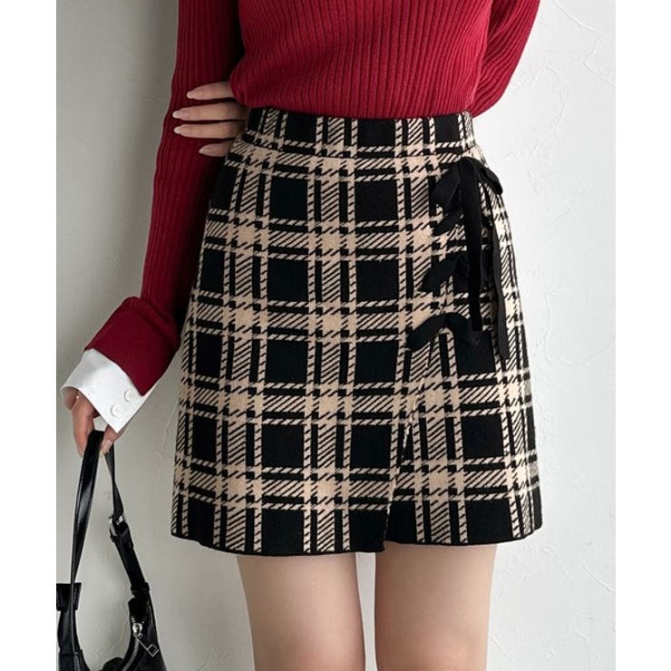 ブラック | 【mily bilet】旬なクラシカルムード◎巻きスカート風リボン使いチェックニ… | Classical Elf 