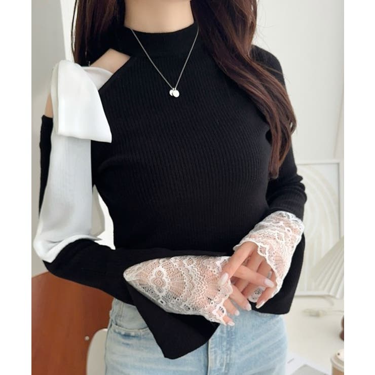 ブラック | 【mily bilet】大人フェミニンの主役トップス。肩シフォンリボン袖レース使… | Classical Elf 