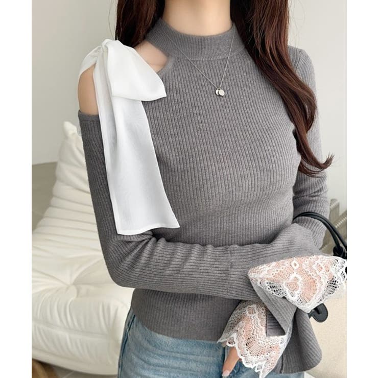 チャコールグレー | 【mily bilet】大人フェミニンの主役トップス。肩シフォンリボン袖レース使… | Classical Elf 