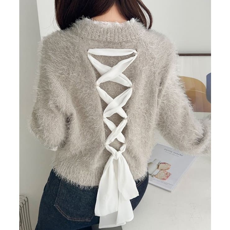 背中で惹きつける、大人の甘さ。バッグリボンレースアップ衿レースレイヤードニットプ… | Classical Elf  | 詳細画像9 