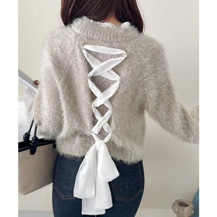 背中で惹きつける、大人の甘さ。バッグリボンレースアップ衿レースレイヤードニットプ… | Classical Elf  | 詳細画像10 