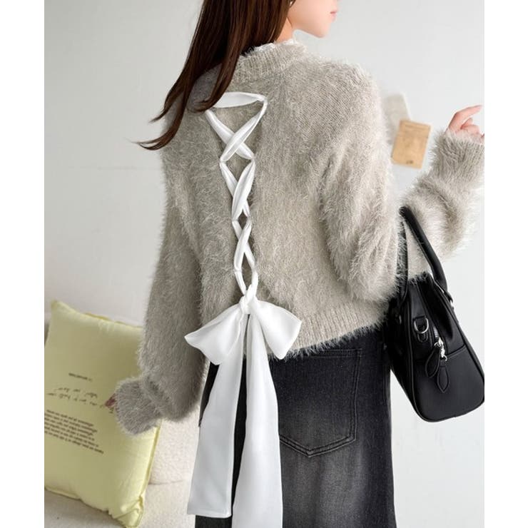 背中で惹きつける、大人の甘さ。バッグリボンレースアップ衿レースレイヤードニットプ… | Classical Elf  | 詳細画像14 